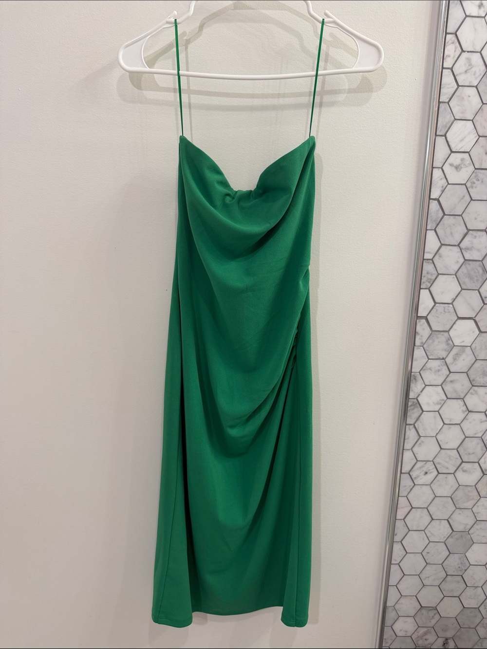 Emerald Cowl-Neck Midi Slip Dress with Spaghetti Straps